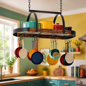 Ceiling Mount Hanging Pot Rack , Kitchen Pot and Pan Organizer, Rustic Industrial Storage Rack For Kitchen Accessories | Home Decor