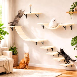 May include: A cat climbing wall system with multiple beige platforms and a ramp, mounted on a white wall. Several cats are interacting with the platforms, including a gray tabby, a white Persian, an orange tabby, and a black cat. The system includes black metal brackets.
