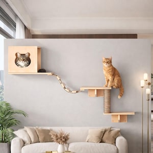 Cat Wall Shelves for Indoor, Modern Cat Furniture Wall Mounted, Wooden Cat Climbing Shelves with Condo, Scratcher, Bridge Ladder