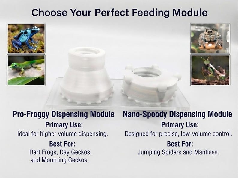 Peut inclure: Deux modules d'alimentation en plastique blanc sur une base transparente. Le texte indique : Choose Your Perfect Feeding Module, Pro-Froggy Dispensing Module, Primary Use: Ideal for higher volume dispensing, Best For: Dart Frogs, Day Geckos, and Mourning Geckos, Nano-Spoody Dispensing Module, Primary Use: Designed for precise, low-volume control, Best For: Jumping Spiders and Mantises.