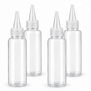 May include: A set of four clear plastic squeeze bottles, each featuring a cylindrical body and a pointed nozzle cap with a ribbed screw-on collar. The bottles are transparent, allowing for full visibility of the contents within each container.