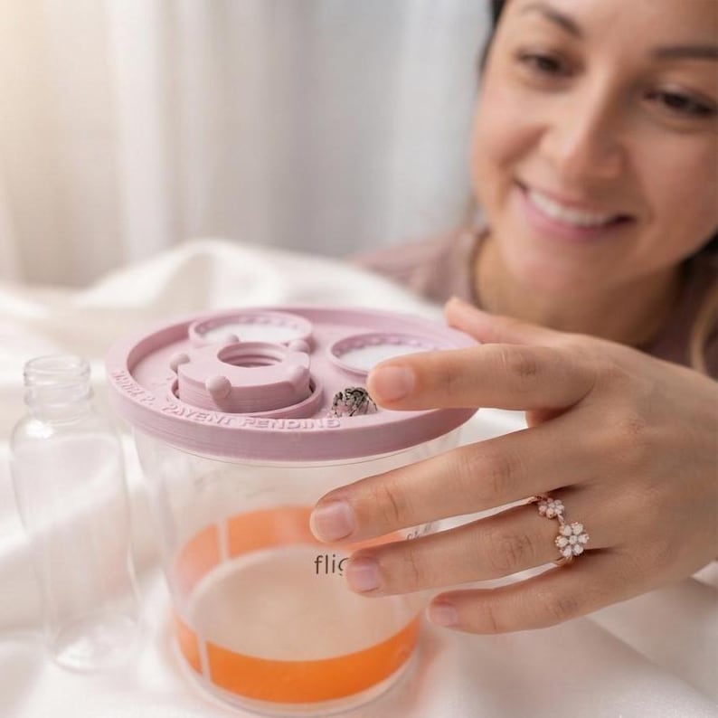 Peut inclure: Un r&eacute;cipient en plastique transparent avec un couvercle rose poudr&eacute; dot&eacute; de plusieurs ouvertures circulaires et du texte "MODEL P. PATENT PENDING" en relief. Une petite bouteille transparente accompagne le r&eacute;cipient &agrave; bande orange.