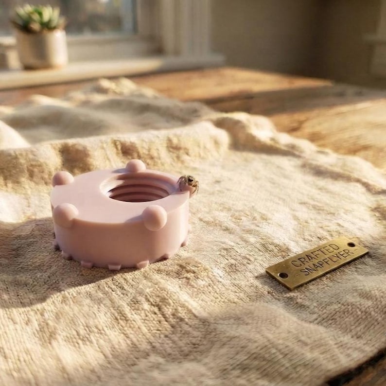 Peut inclure: Un objet rose p&acirc;le, circulaire et filet&eacute; en forme d'&eacute;crou avec de petites protub&eacute;rances arrondies sur le bord ext&eacute;rieur. Une petite araign&eacute;e est pos&eacute;e sur le rebord. &Agrave; c&ocirc;t&eacute; se trouve une &eacute;tiquette m&eacute;tallique rectangulaire grav&eacute;e CRAFTED SNAPFLYER.
