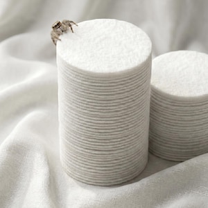 Peut inclure: Deux piles de tampons de coton blancs et ronds sur une surface blanche et texturée. Une petite araignée brune est posée sur l'une des piles. Les tampons sont bien rangés, créant une esthétique épurée et minimaliste.