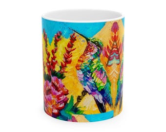 COLORFUL Vibrant Hummingbird Ceramic Mug, (11oz, 15oz)