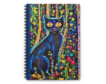 Cat in Bloom Spiral Notebook Colorful Black Cat Art Ruled Journal