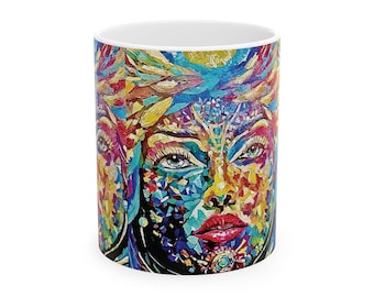 Vibrant Face Ceramic Mug, Colorful Acrylic Painting Coffee Cup, Art Lover Gift