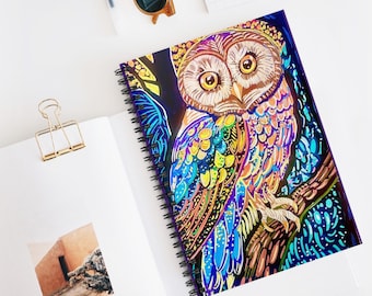 Owl Art Spiral Notebook Colorful Whimsical Ruled Journal