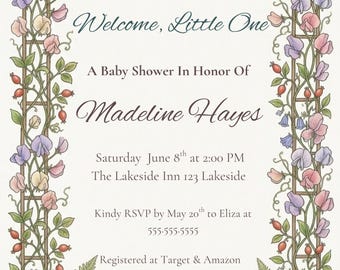 Woodland Garden Baby Shower Invitation, Watercolor Floral, Editable Canva Template (5x7)