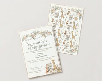 Safari Baby Shower Invitation Set | Printable | Boho Woodland Animals | Editable Template