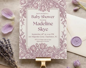 Tulip Baby Shower Invitation Template, Dusty Mauve Botanical Line Art Invite (Editable Canva)