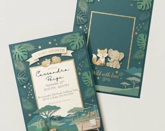 Safari Baby Shower Invitation, Teal Gold Jungle Animals, Editable Canva Template