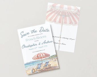 French Riviera Save the Date – Watercolor Beach Wedding Invitation (Digital Download)