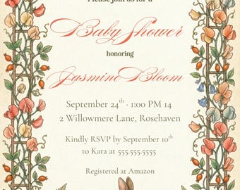 Peach Bunny Baby Shower Invitation, Watercolor Floral Garden Invite (Editable Canva) *CUSTOMIZED PRINTING AVAILABLE*