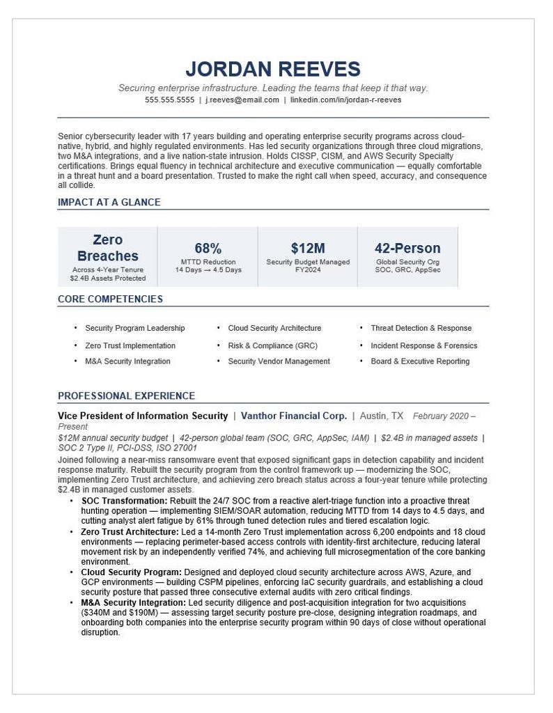 Cybersecurity ATS Resume Template | CISO, VP Security (google Docs ...