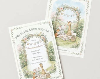 Garden Jungle Picnic Baby Shower Invitation Set | Printable | Watercolor Safari Animals | Editable Template