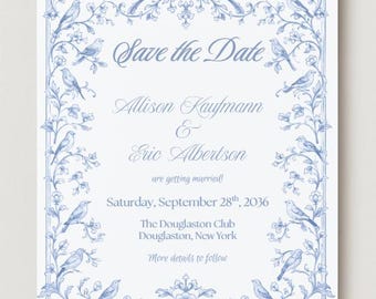Blue Toile Wedding Save the Date Card | Printable | Vintage French Birds & Florals | Editable Template