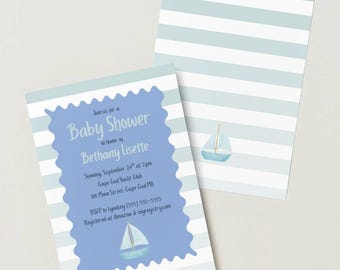 Nautical Baby Shower Invitation, Watercolor Sailboat Invite Boy (Editable Canva)