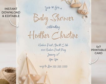 Nautical Baby Shower Invitation Template, Sailboat Baby Boy Shower Invite, Coastal Ocean Theme, Yacht Club, Editable Digital Download