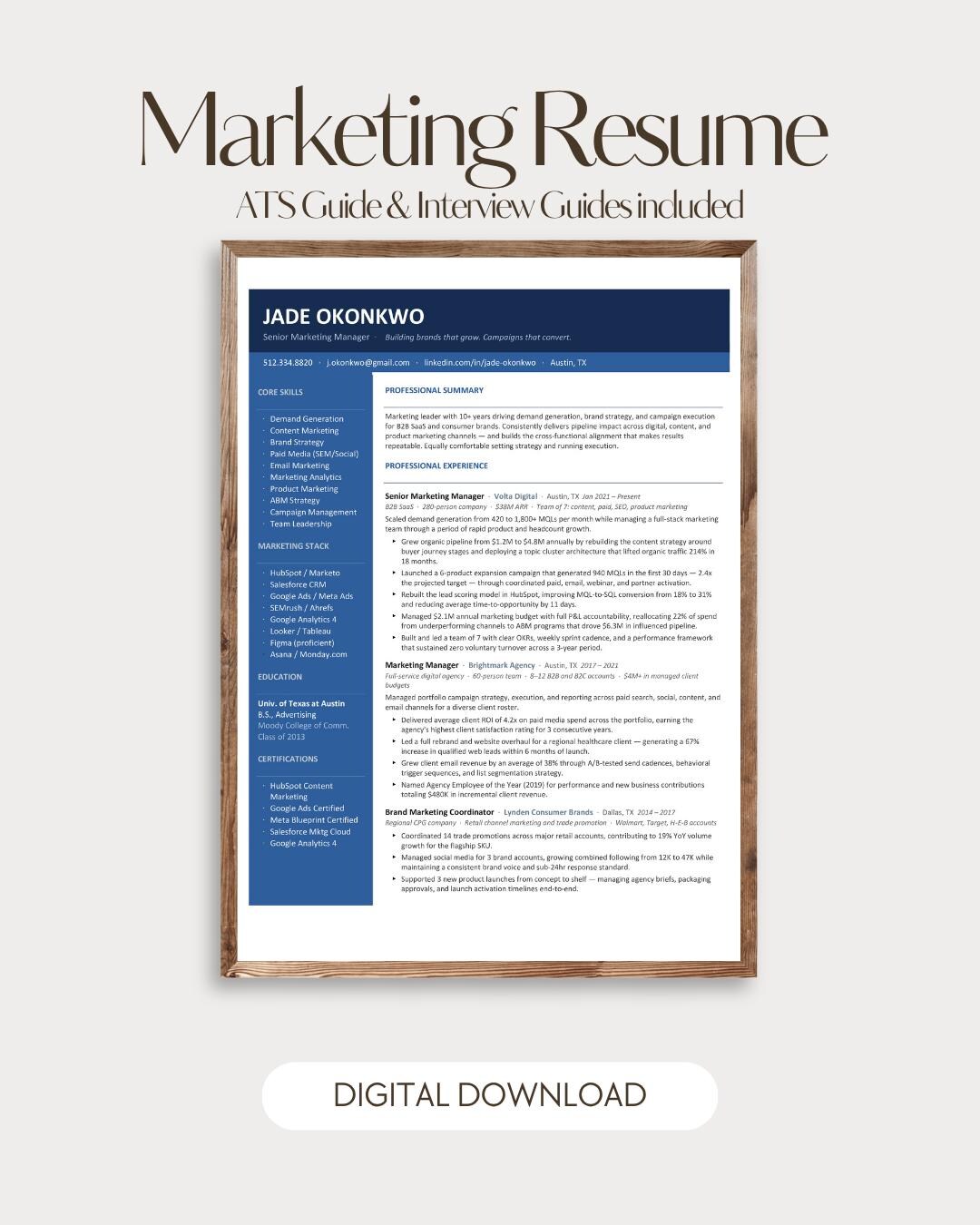 Marketing Manager Resume Template | ATS Guide (google Docs + Word) - Etsy