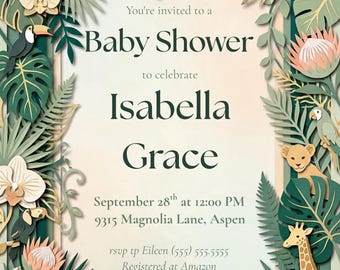 Jungle Baby Shower Invitation – Tropical Monstera, Safari Animals (Digital Download)