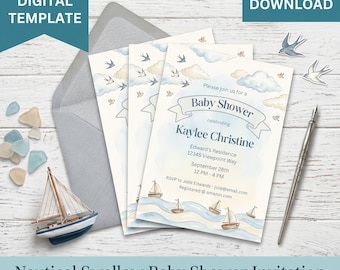Nautical Baby Shower Invitation Template, Sailboat Baby Boy Shower Invite, Watercolor Ocean Ahoy It's a Boy, Editable Digital Download