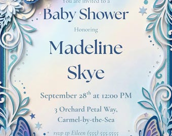 Blue Butterfly Baby Shower Invitation, Whimsical Floral Paper Cut Design (Editable Canva)