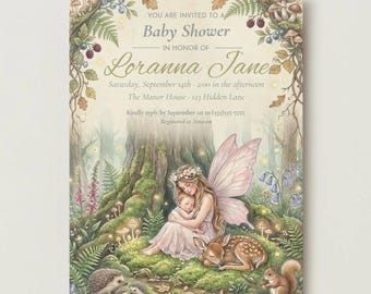 Enchanted Woodland Fairy Baby Shower Invitation | Watercolor Mother, Baby, Fawn (Digital Download)