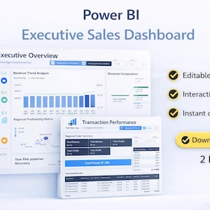 Może przedstawiać: Grafika pulpitu nawigacyjnego sprzedaży Power BI Executive z danymi sprzedaży i analizą przychodów. Pulpit nawigacyjny zawiera sekcje "Executive Overview" i "Transaction Performance". Oferuje edytowalny plik PBIX, interaktywne wizualizacje i natychmiastowe pobieranie.
