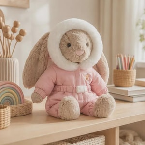 May include: A plush bunny wearing a pink snowsuit with a white fur-lined hood. The bunny has long, floppy ears and soft, beige fur. The snowsuit has a white belt and a small embroidered detail. The bunny is sitting on a light-colored wooden surface.