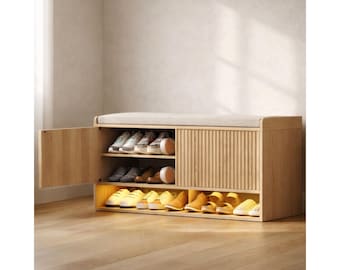 Wooden Shoe Storage Bench with Cushion, Adjustable Shelf, LED Light