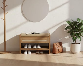 Rattan Shoe Bench with Storage Drawer – Entryway Hallway Organizer, Linen Cushion