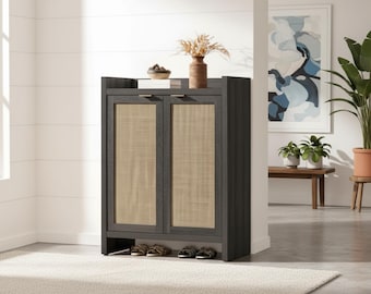 Wooden Shoe Cabinet with Rattan Doors, 6-Tier Entryway Shoe Rack, 24 Pair Storage