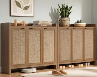 Shoe Cabinet with Adjustable Shelves, Large Rattan Entryway Storage – Wooden Shoe Rack, Tall Shoe Shelf for Entryway, Hallway (Set of 2)