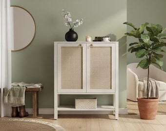 5-Tier Rattan Shoe Cabinet – White Cream Oak Farmhouse Boho Entryway Storage