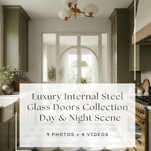 May include: Interior kitchen scene featuring a luxury steel glass door collection. The room has olive green cabinets, a black and white checkered floor, and a gold chandelier. Text on the image reads "Luxury Internal Steel Glass Doors Collection Day & Night Scene".