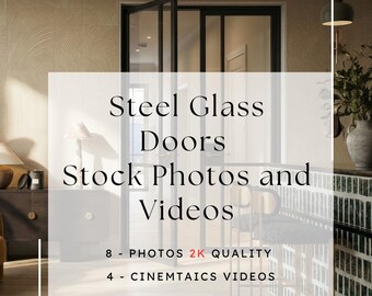 Paquete de contenido de interiores modernos de lujo / Fotos de interiores en 2K + Vídeos cinematográficos / Puertas de acero y cristal / Salón moderno orgánico /