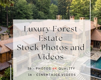 Paquete de contenido de cabaña de montaña de lujo / 26 fotos ultrarrealistas de cabañas en 4K + 16 vídeos cinematográficos / Paquete de arquitectura de finca forestal