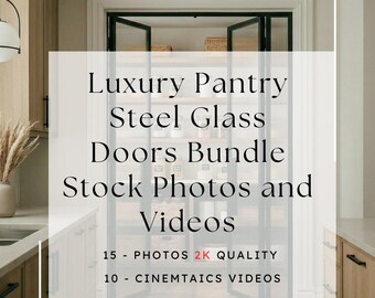Paquete de puertas de acero y vidrio para despensa de lujo, 15 fotos de interiores + 10 videos cinematográficos, diseño de despensa de cocina con vidrio estriado, contenido arquitectónico.