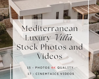 Paquete de contenido de villa de lujo mediterránea: 15 fotos y 17 videos. Finca de lujo tranquila, casa de piedra, piscina, espacios exteriores, archivo de diseño de interiores.