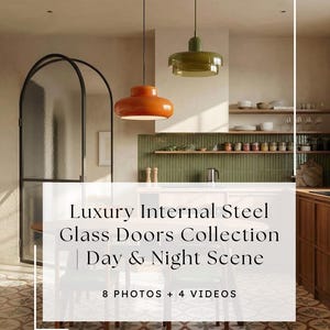 May include: A modern kitchen interior featuring an orange pendant light and a green pendant light. The image showcases a glass door and the text "Luxury Internal Steel Glass Doors Collection | Day & Night Scene".