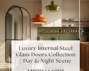 Puertas de acero y vidrio de lujo / Imágenes de interiores de cocinas modernas (Descarga digital)