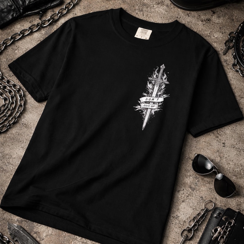 May include: Black t-shirt featuring a detailed white graphic of a sword engulfed in flames, with a banner that reads "DON'T GIVE UP." The design is centered on the front of the shirt. The shirt is made of a soft material.