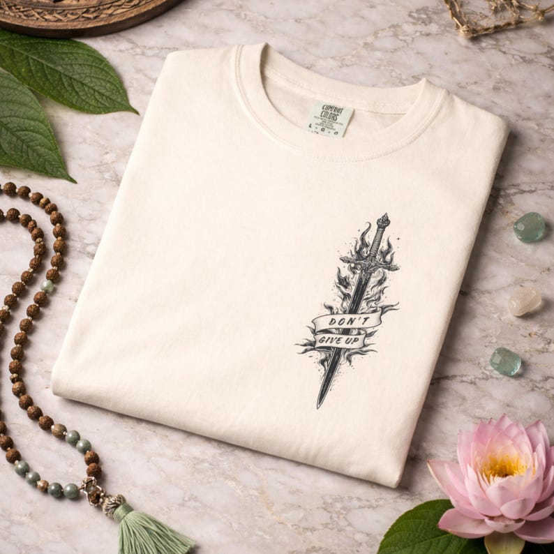 May include: Cream-colored t-shirt featuring a black and gray sword design with flames and the text "DON'T GIVE UP" on a banner. The shirt is folded and displayed on a marble surface.