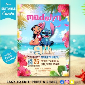 May include: A colorful invitation featuring Lilo and Stitch on a beach background. The invitation is for a 9th birthday celebration, with details including the name "Madelyn", date, time, and location. The design includes tropical flowers and palm leaves.
