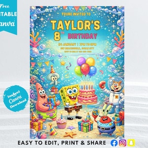 Op de afbeelding: Een kleurrijke verjaardagsuitnodiging met SpongeBob SquarePants en vrienden. De uitnodiging luidt "Taylor's 8e verjaardag" met evenementdetails. Het ontwerp bevat ballonnen, een taart en onderwaterdecoraties.