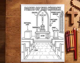 Página para colorear bilingüe sobre las partes de la Iglesia / Material imprimible para niños católicos / Actividad de catequesis / Descarga digital
