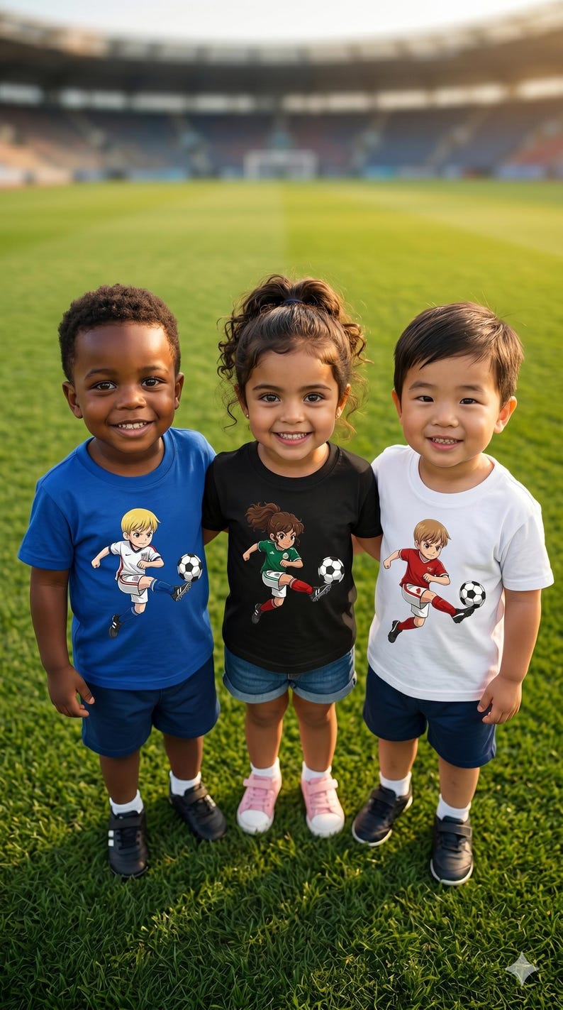 Puede incluir: Tres ni&ntilde;os sonriendo en un campo verde, vistiendo camisetas de f&uacute;tbol. Las camisetas son azules, negras y blancas, cada una con un jugador de f&uacute;tbol de dibujos animados pateando un bal&oacute;n. Se ve un estadio al fondo.