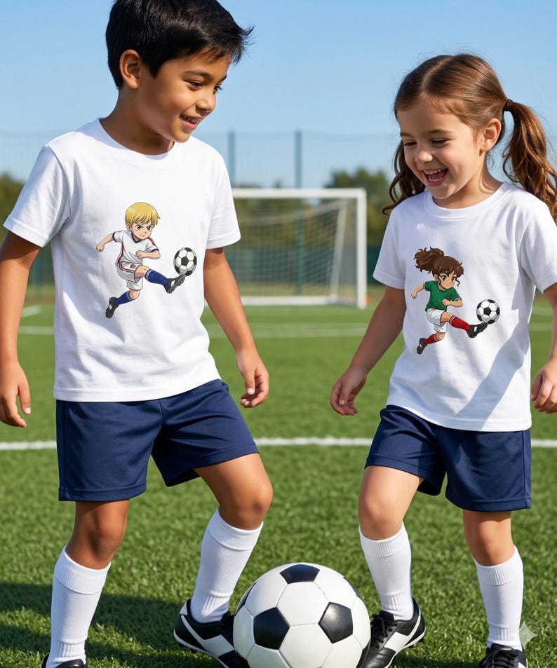 Puede incluir: Dos ni&ntilde;os con camisetas blancas con gr&aacute;ficos de f&uacute;tbol y pantalones cortos azul marino juegan al f&uacute;tbol en un campo verde. Las camisetas presentan ilustraciones de dibujos animados de futbolistas. Llevan calcetines blancos y zapatillas deportivas blancas y negras. Hay un bal&oacute;n de f&uacute;tbol.