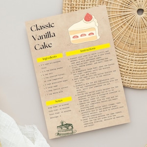 以下が含まれることがあります： クラシックバニラケーキのレシピカード。イチゴがトッピングされたケーキのスライスイラストが特徴です。カードには、材料、手順、メモが記載されており、すべてタン色の背景に黒いテキストで表示されています。